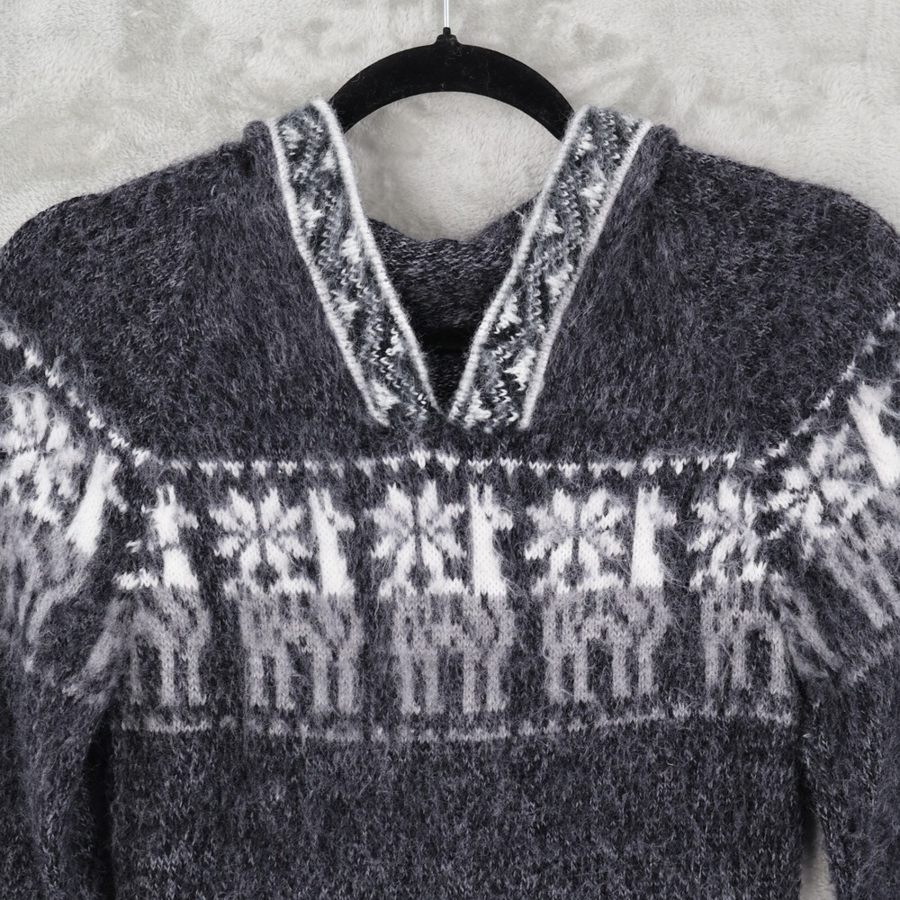 Alpaca Snowflake Hooded Sweater Womens XS Charcoal Gray Fringe Hem Apres Ski - Picture 8 of 16
